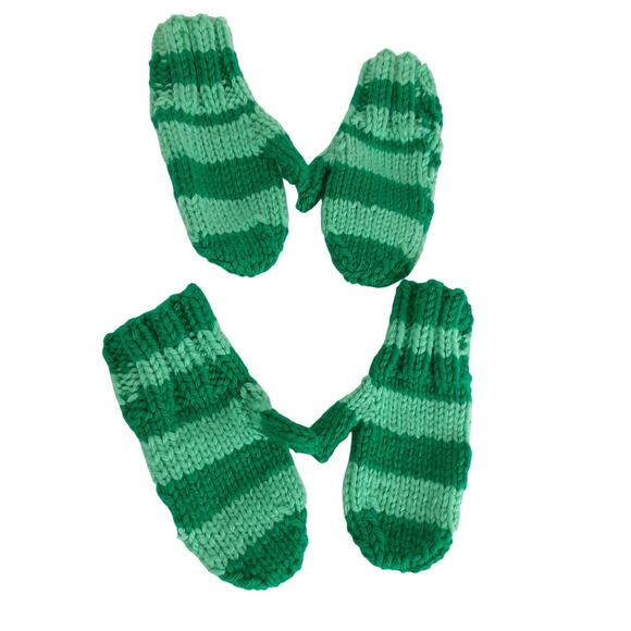 Vintage Handmade Crochet Mittens Kids M 2pc Green Stripe Winter Gloves - Picture 2 of 6